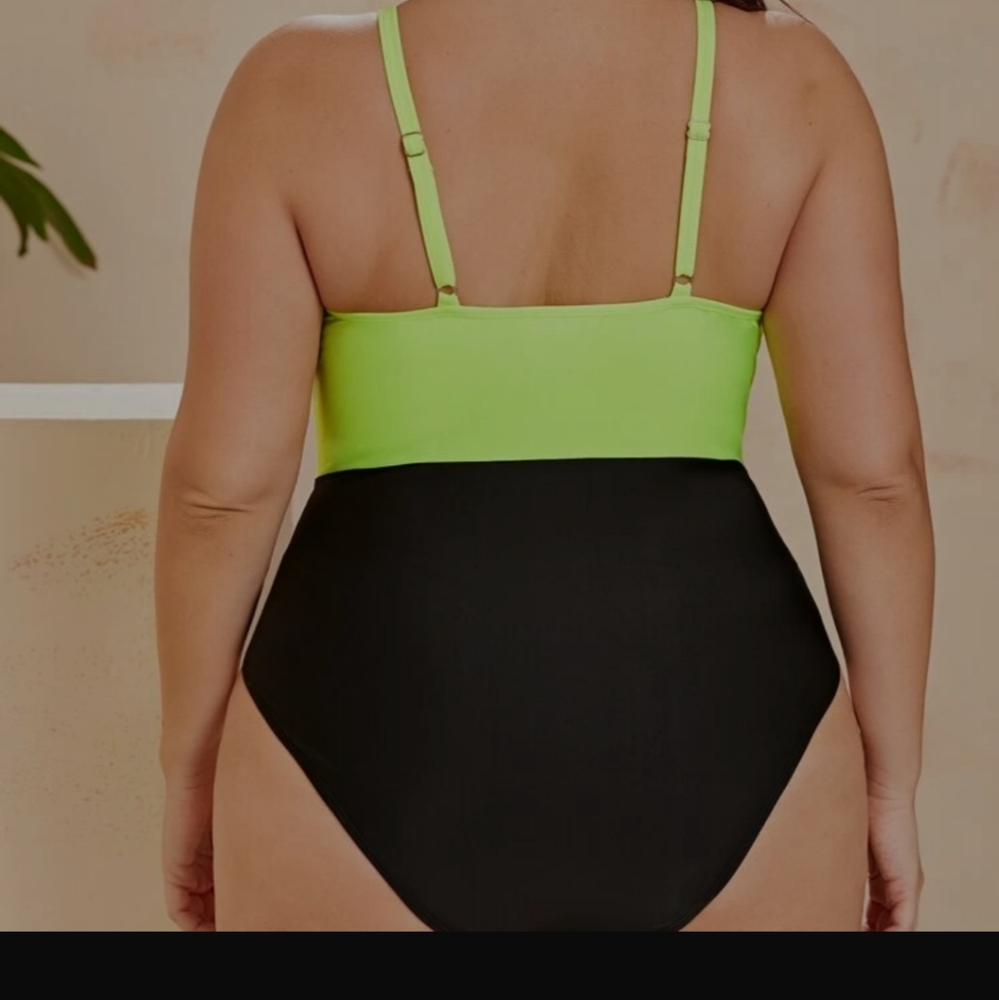 Neon Yellow and Black One Piece Swimsuit Size 12 - Picture 3 of 6